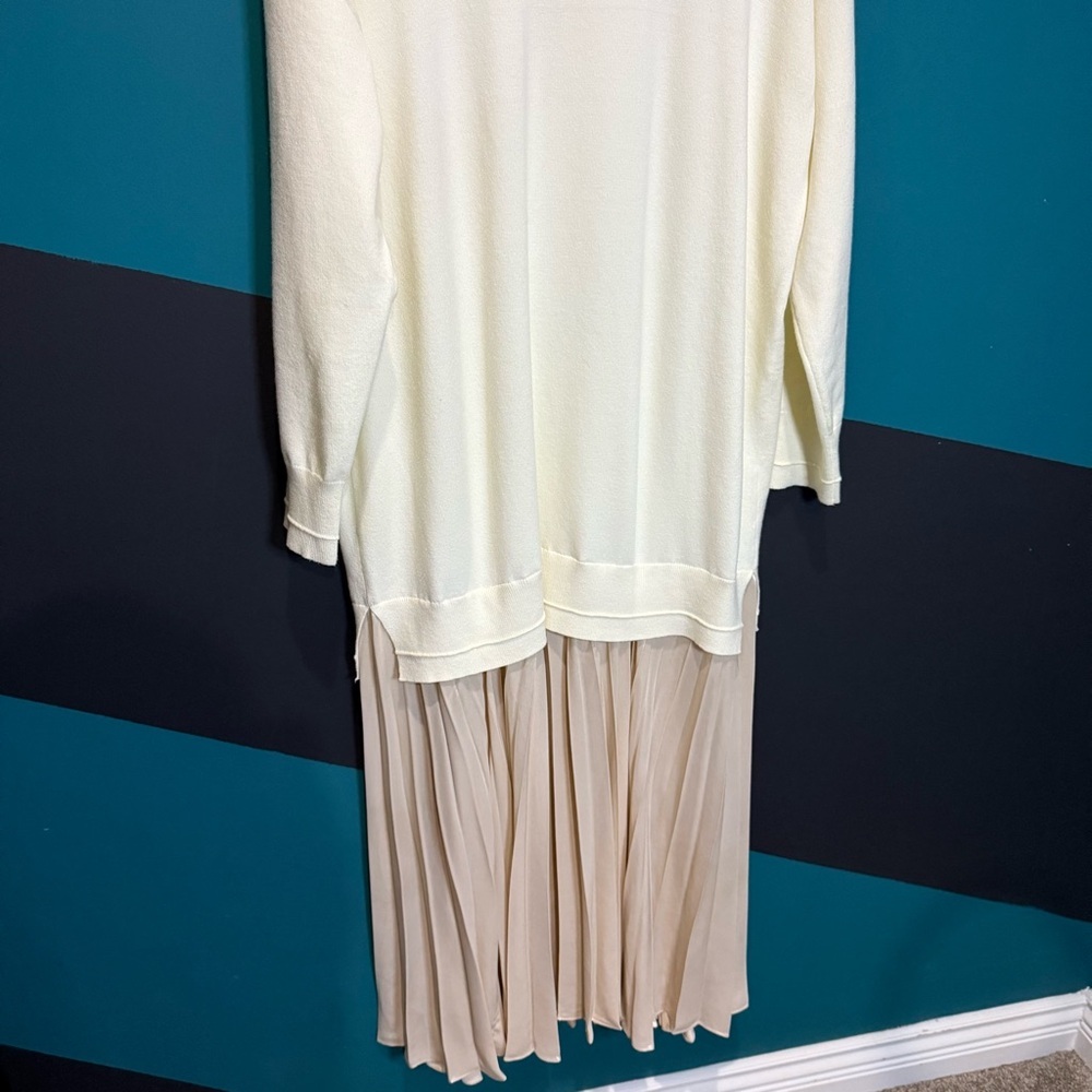 Anthropologie Ivory Long-Sleeve Pleated Twofer Sweater Maxi Dress size L Preppy - Picture 7 of 15